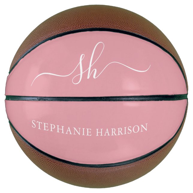 Ballon De Basket Nom personnalisé blanc rose pâle Monogramme (Devant)