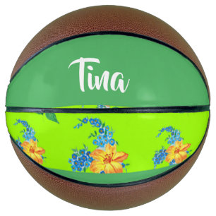 Ballon De Basket Nom personnalisé motif floral sur vert