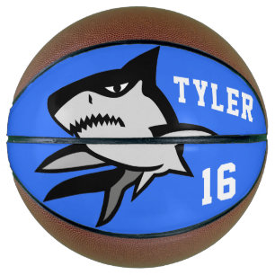 Ballon De Basket Requin noir et blanc sur lettres blanches bleues