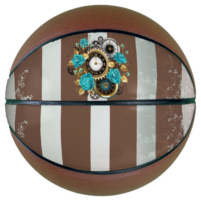 Ballon De Basket Steampunk Clock and Turquoise Roses on Striped (Devant)
