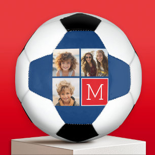 Ballon De Foot Collage photo bleu et rouge avec Monogramme