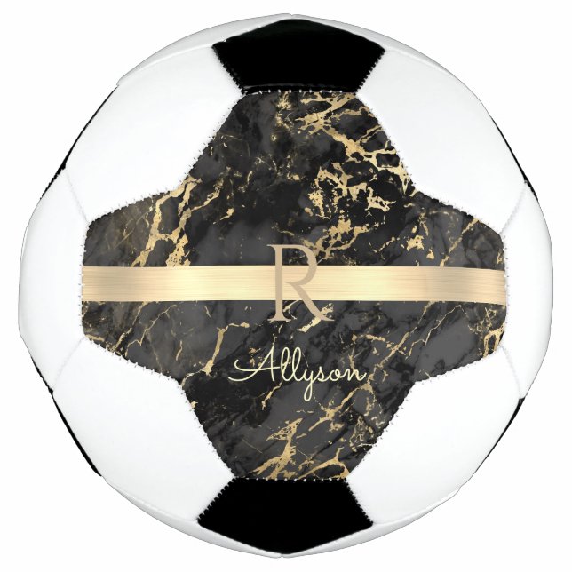 Ballon De Foot do-it-yourself Nom & Monogramme, Barre Or, Marbre  (Devant)