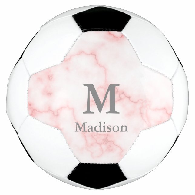 Ballon De Foot Elégant Faux Marbre rose Gris Monogramme & Nom (Devant)