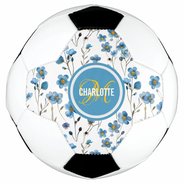 Ballon De Foot Motif floral bleu chic nom monogrammé (Devant)