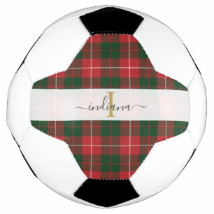Ballon De Foot Plaid Monogramme Nom Carreaux Rouge Vert Tartan