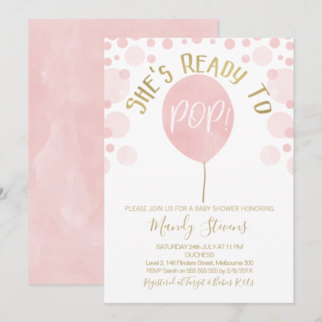 Ballon Rose Prêt À Pop Baby shower Invitation (Devant / Derrière)