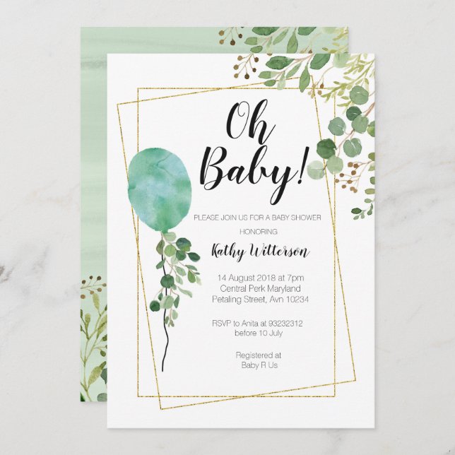 Ballon Watercolor Greenery oh baby shower Invitation (Front/Back)