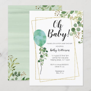Ballon Watercolor Greenery oh baby shower Invitation