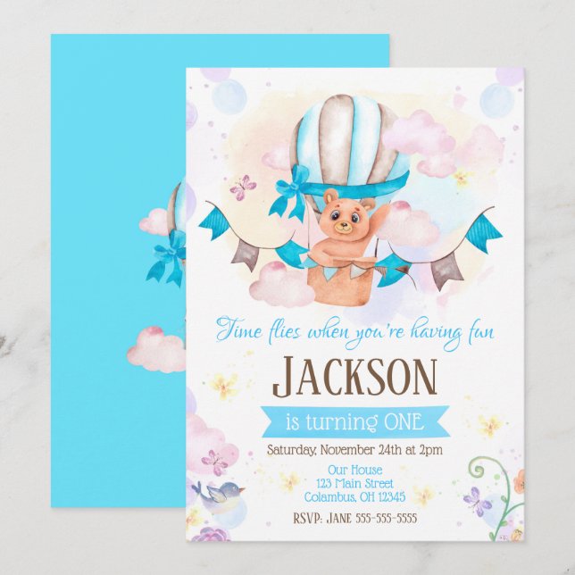 Ballons à air chaud 1er anniversaire Invitation (Devant / Derrière)