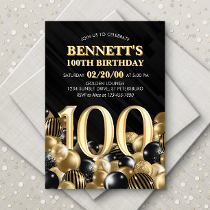 Ballons Black Gold 100th Birthday Invitation