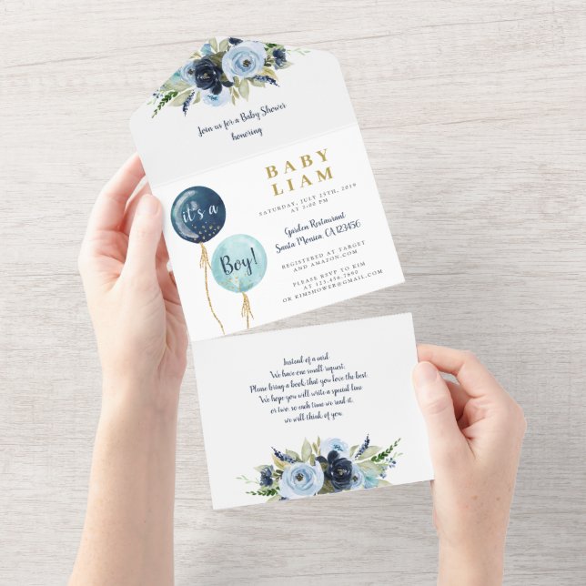Ballons bleus baby shower invitation garçon (Déchirure)