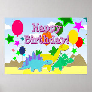 Ballons d'anniversaire joyeux Poster des dinosaure
