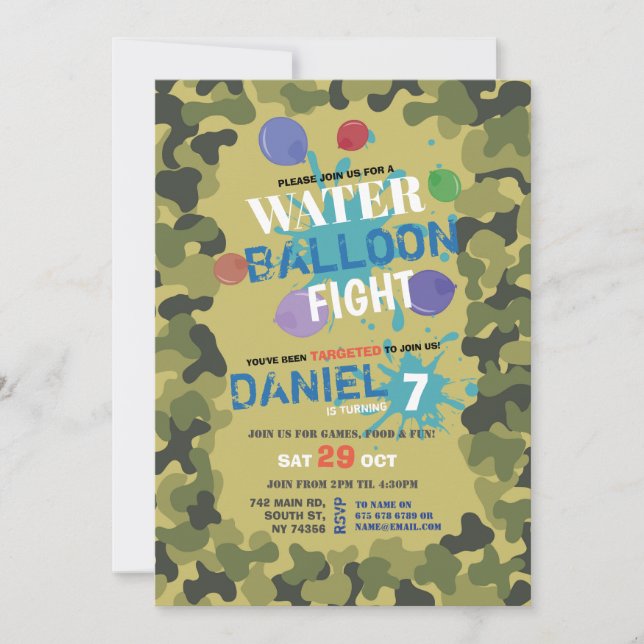 Ballons d'eau Vol Camo Anniversaire Invitation (Devant)