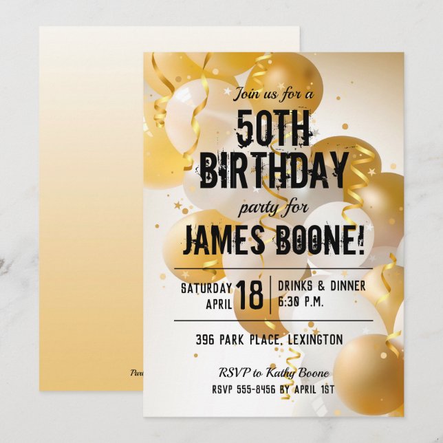 Ballons d'or blanc Invitations de fête d'anniversa (Devant / Derrière)