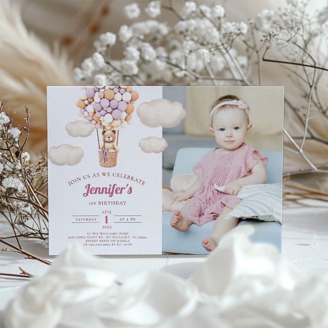 Ballons d'Ours Rose Première Invitation Fille Anni (Créateur téléchargé)