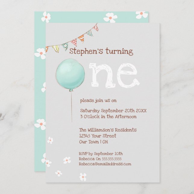 Ballons et drapeaux 1er anniversaire Invitation (Devant / Derrière)