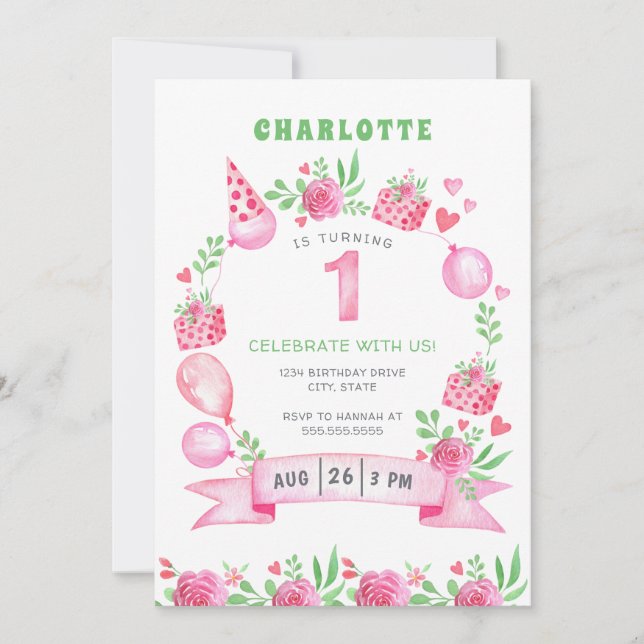 Ballons floraux roses 1er Invitation d'anniversair (Devant)