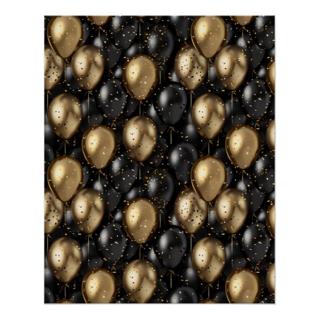 Ballons Poster Anniversaire fond Noir et or (Devant)