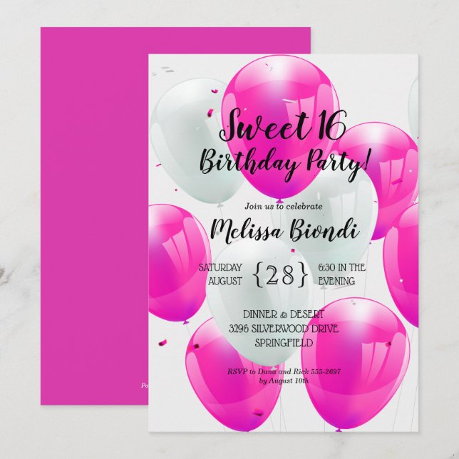 Ballons roses Doux 16e anniversaire Invitation de  (Devant / Derrière)