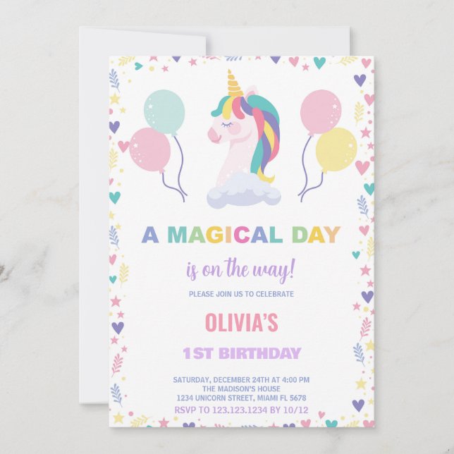 Ballons Unicorne Invitations d'anniversaire (Devant)
