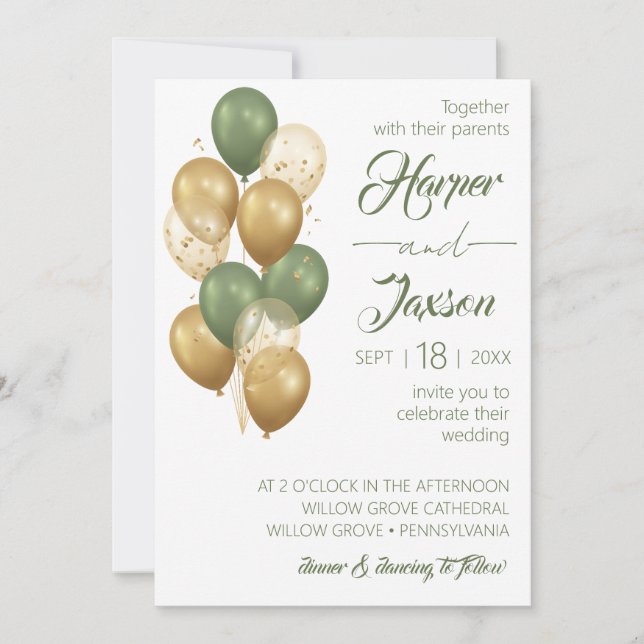 Ballons verts. Invitation mariage élégante (Devant)