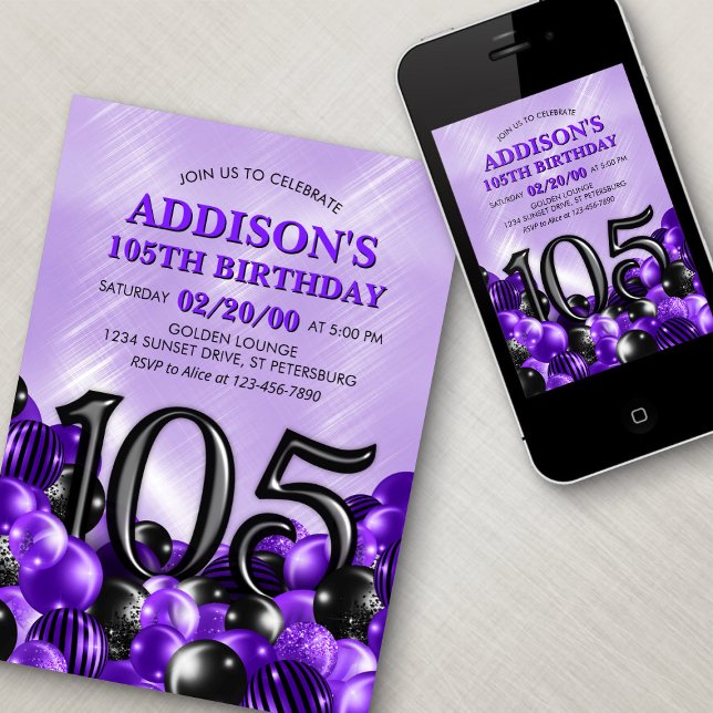 Ballons violet 105e anniversaire Invitation (Créateur téléchargé)