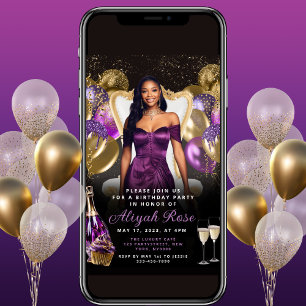 Ballons violet et or Invitation d'anniversaire roy