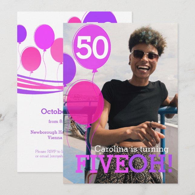 Balloon 50th FIVEOH! photo birthday invite (Front/Back)