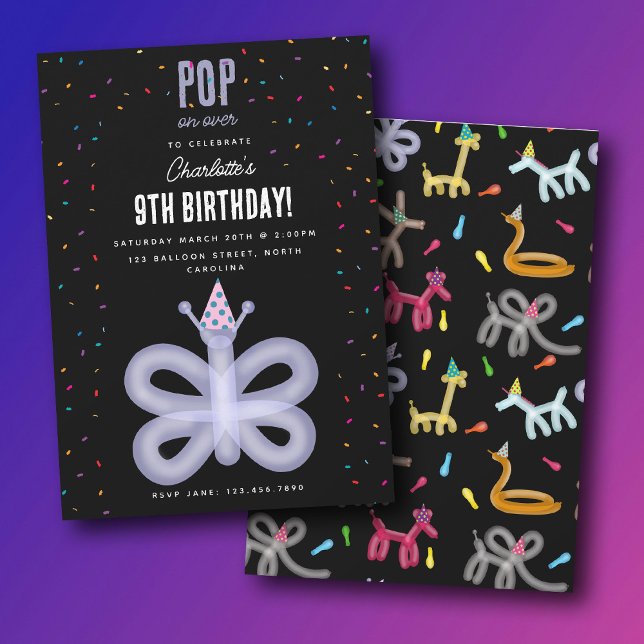 Balloon Animals Butterfly Kids Birthday Party Invitation (Balloon Animals Butterfly Kids Birthday Party Invitation)