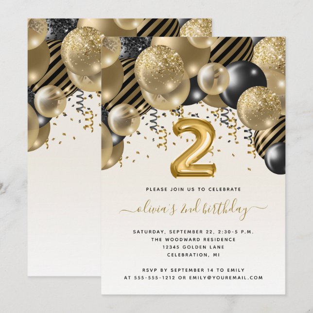 Balloon Arch Black Gold 2nd Birthday Party Invitation (Front/Back)