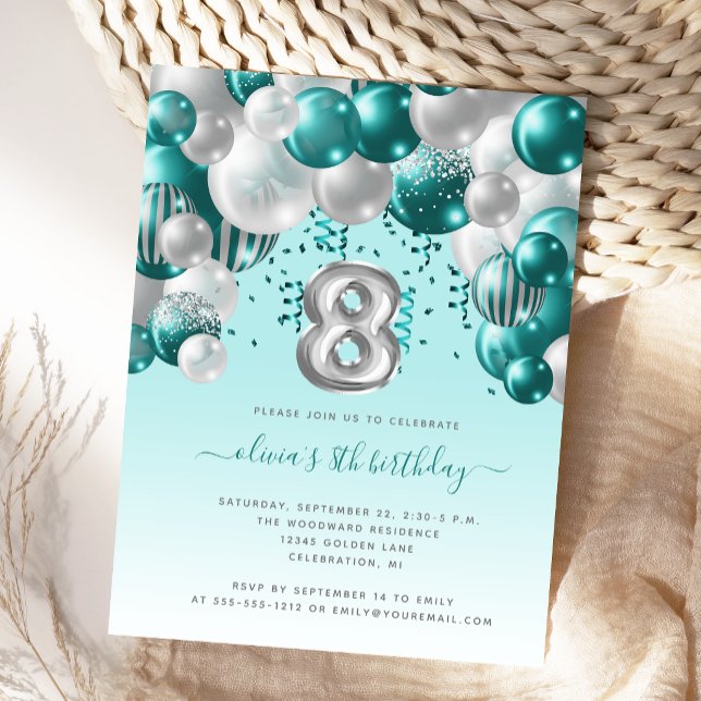 Balloon Arch Teal Silver 8th Birthday Party Postcard (Creator Uploaded)