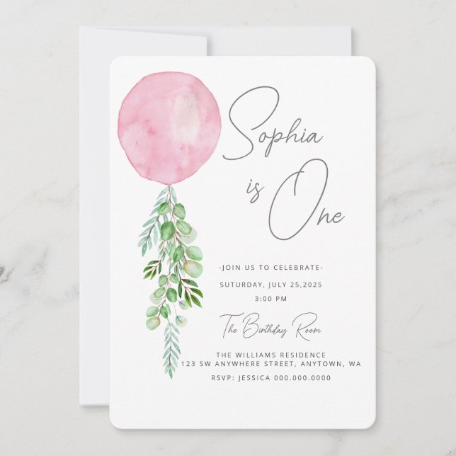 Balloon Baby Girl 1st Birthday First Eucalyptus Invitation (Front)