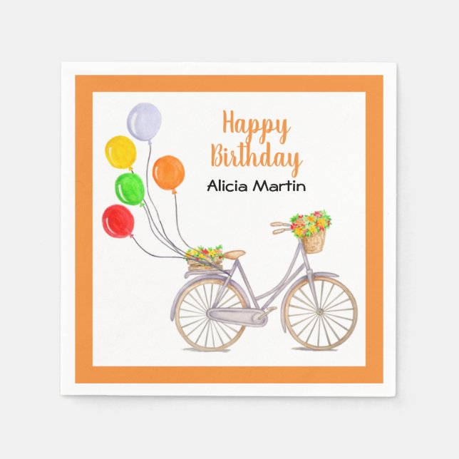 Balloon Basket Flower Bicycle Any Age Birthday Napkin (Front)
