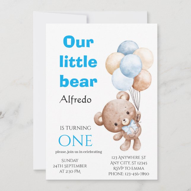 Balloon Bear Birthday Party Invitation (Front)