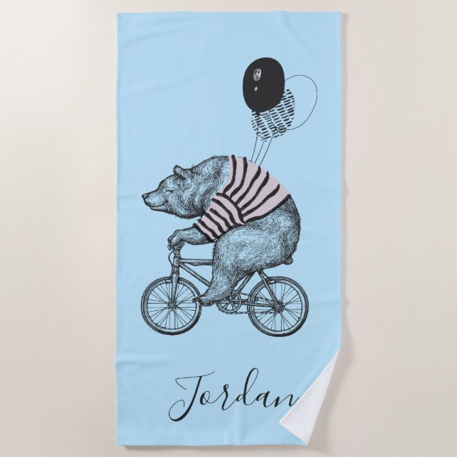 Balloon Bicycle Bear | Add Your Name Beach Towel (Front)