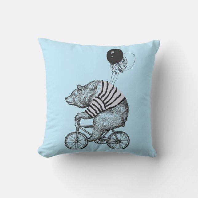 Balloon Bicycle Bear Throw Pillow (Front)