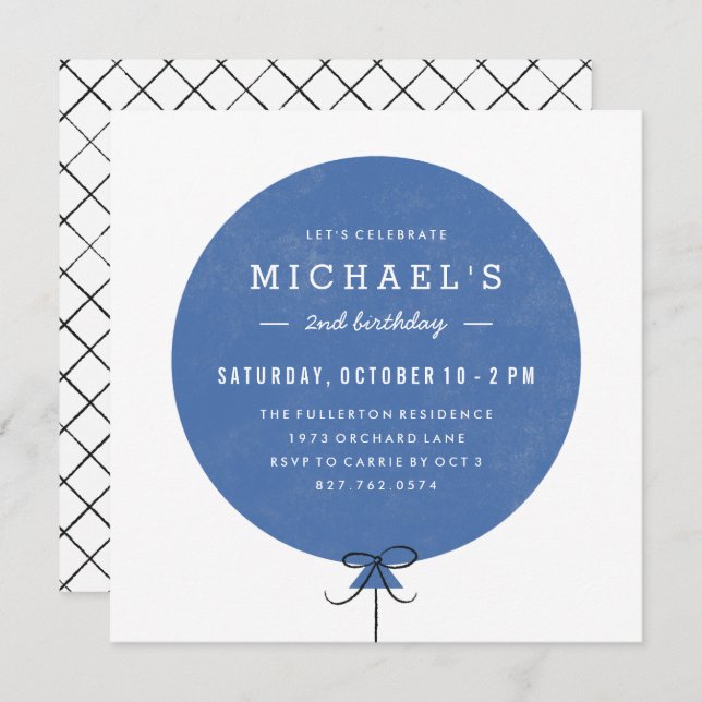 Balloon Birthday Invitation - Cobalt (Front/Back)