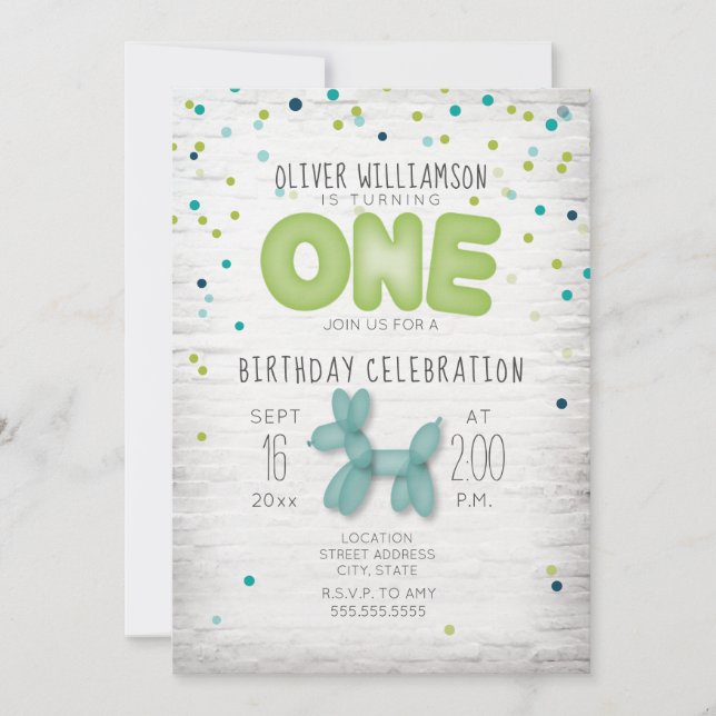 Balloon Brick Confetti Blue Green 1st Birthday Invitation (Front)