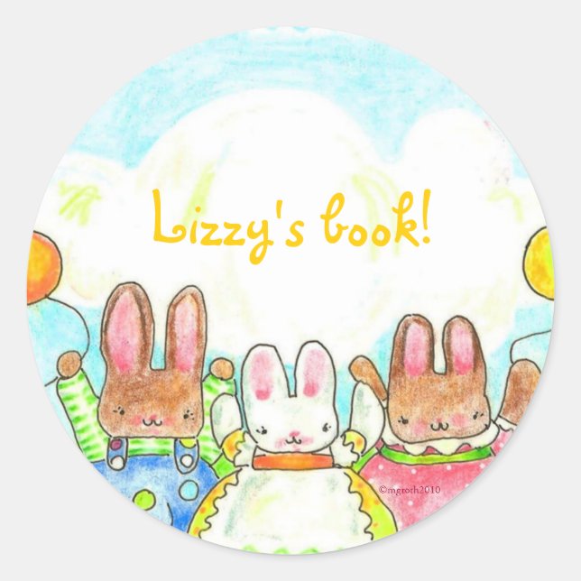 balloon bunnies bookplate classic round sticker (Front)