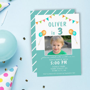 Balloon Bunting Flag Blue Photo Birthday Party Invitation