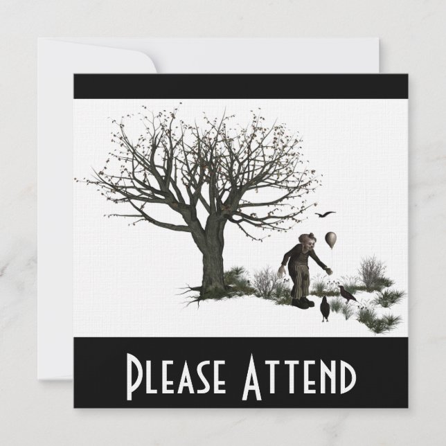 Balloon Clown Old Tree & Black Birds Original Invitation (Front)