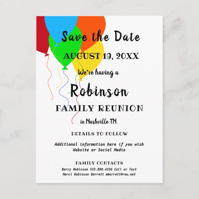 Balloon Design Fun Family Reunion Save the Date Postcard (Front)