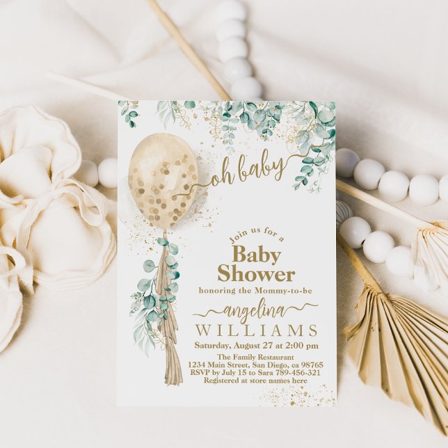 Balloon Eucalyptus gold leaves Baby Shower Invitation (Creator Uploaded)