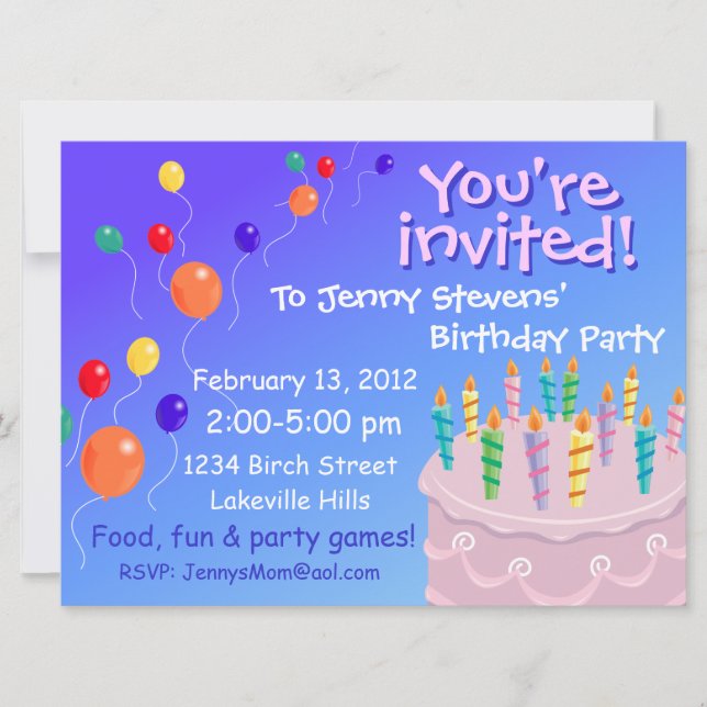 Balloon Festooned Pink Frosting Birthday Cake Invitation (Front)