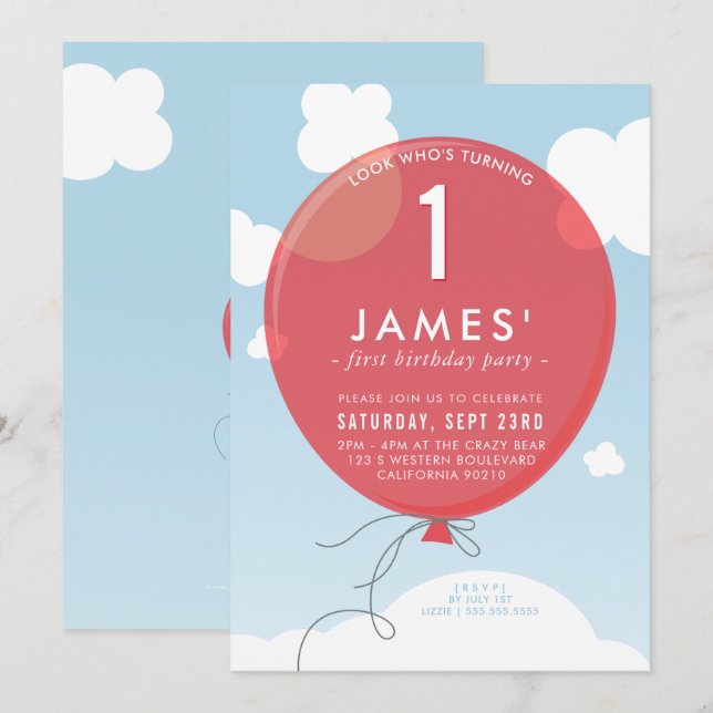 BALLOON first birthday party invite blue sky red (Front/Back)