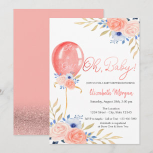 Balloon Floral Baby Shower Invitation