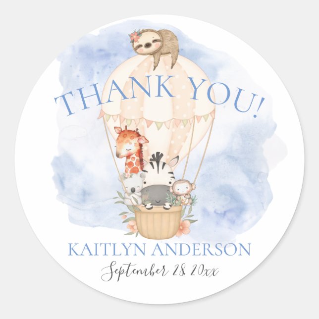 Balloon Giraffe Zebra Thank You Boy Baby Shower Classic Round Sticker (Front)