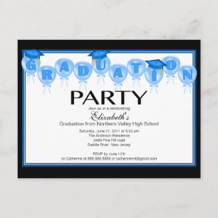 Balloon Graduation Party Invitation Blue Grad Cap Postcard