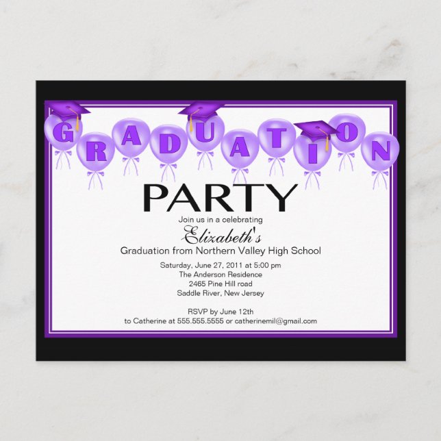Balloon Graduation Party Invitation Purple Cap (Front)