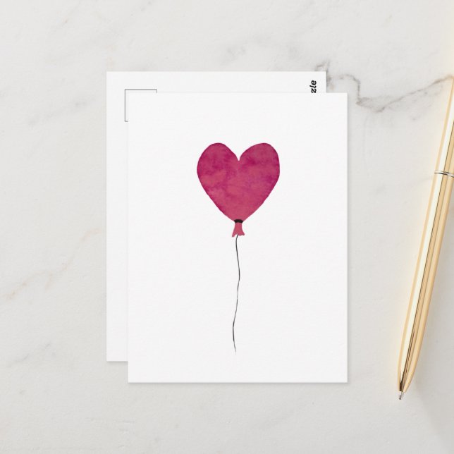 Balloon heart pink sketch a watercolor postcard (Front/Back In Situ)